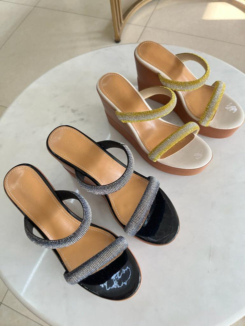 Rhinestone Embedded Double Straps Wedge sandals